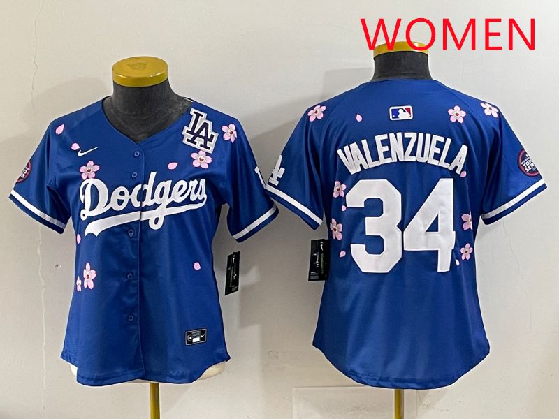 Women Los Angeles Dodgers #34 Valenzuela Blue Sakura Edition 2025 Nike MLB Jersey style 39->women mlb jersey->Women Jersey